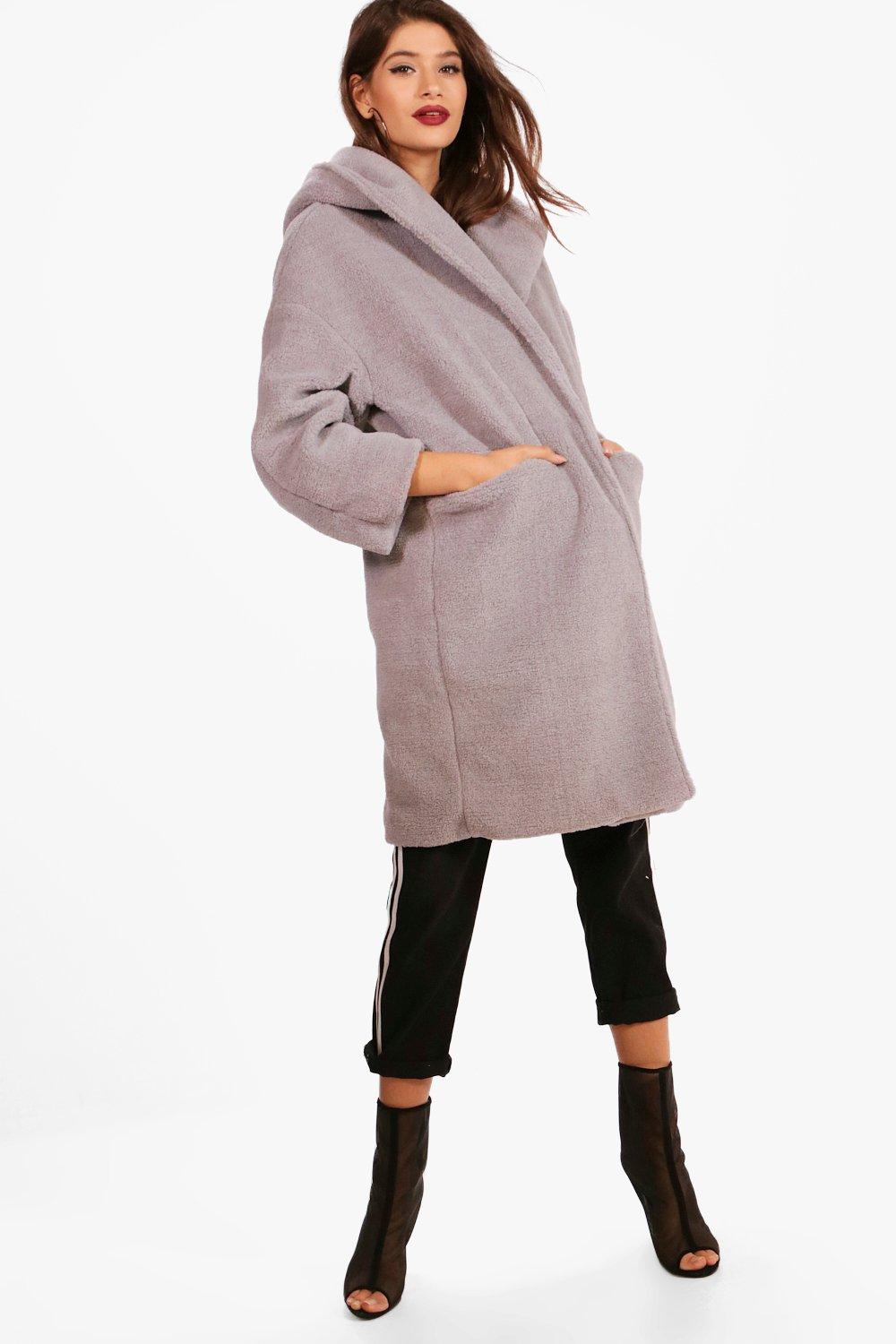 Oversized Hooded Teddy Coat - grey Review thumbnail