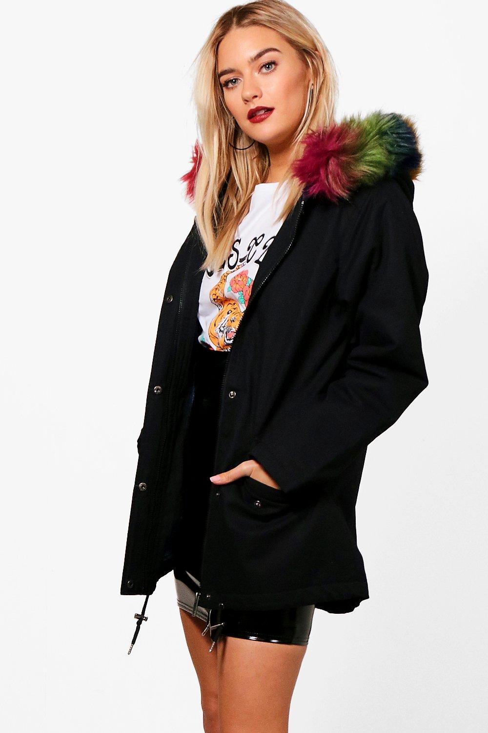 Parka With Rainbow Faux Fur Hood & Lining - black Review thumbnail